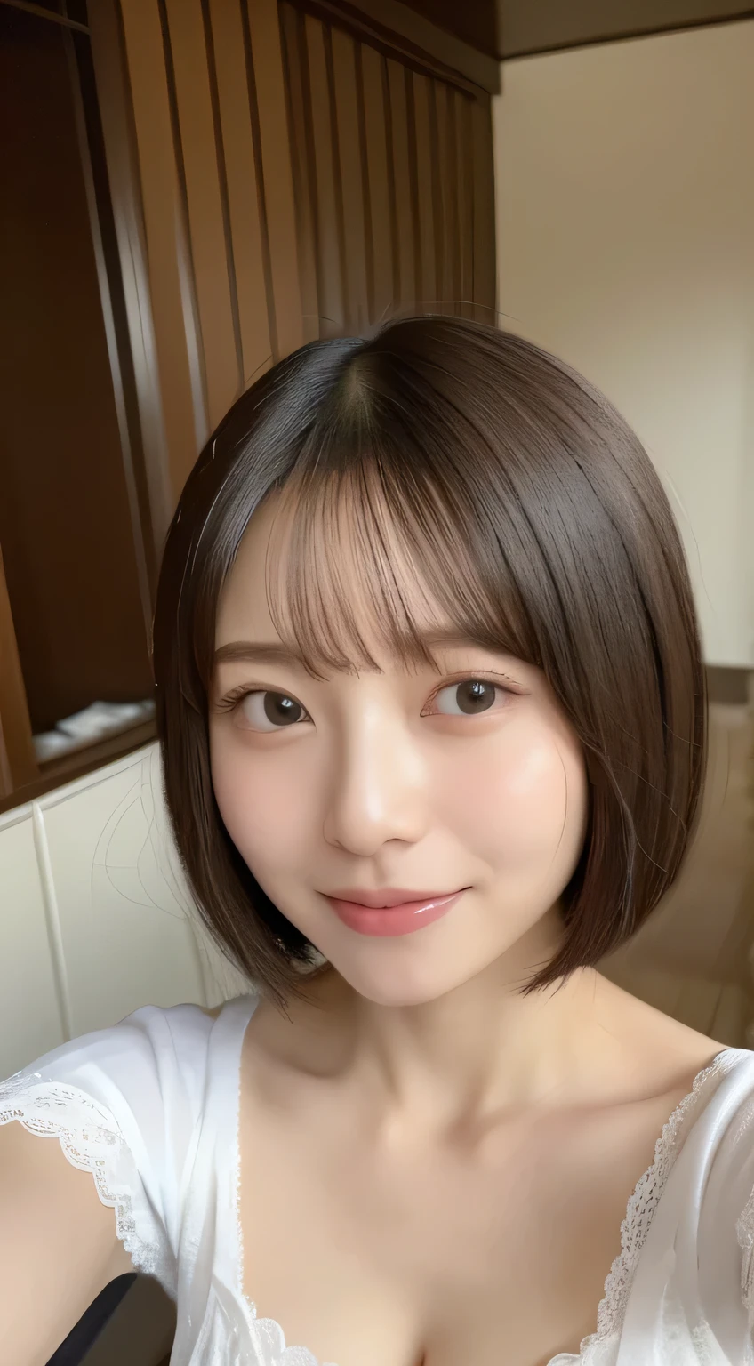 ((highest quality、8k、masterpiece:1.5))、One Girl、Laughter、(Mouth closed:1.3)、Blunt bangs、Bangle body: Lots of Esbian:1.4)、(Symmetrical face)、Ultra detailed face、Detailed eyes、Detailed ears、double eyelid、Slim face、(Selfie:1.3)、(Full Body Selfie)、(look up)、(From above)、(Large Breasts:0.9)、The background is blurred、Short Hair、Lace underwear
