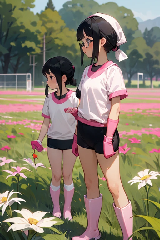 A pair of elementary school girls with glasses and black hair tied up in short-sleeved gym clothes wearing long pink rubber gloves and white rubber boots and gym caps on their heads picking flowers in a field
