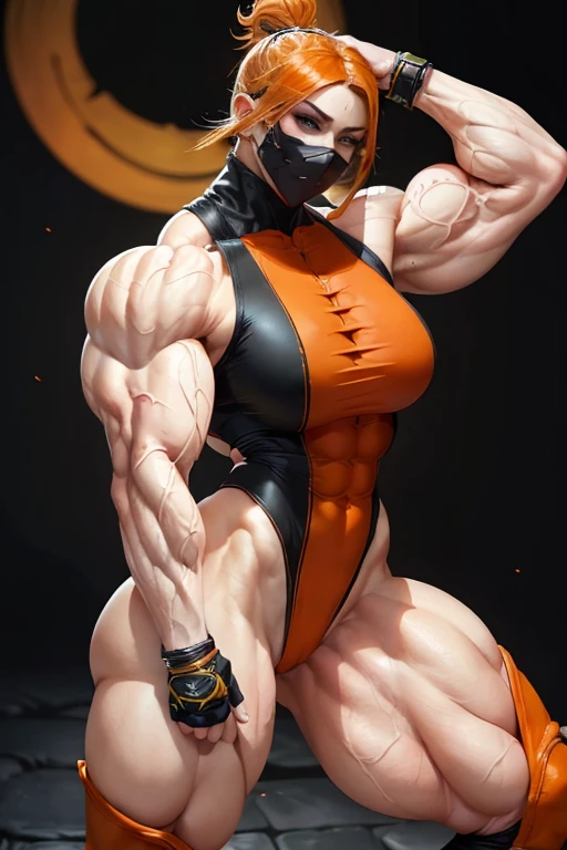 ((((Massive, beautiful, buff, pale white skinned muscular woman with orange hair, black lipstick, ginormous bulky muscles and wearing an orange female mortal kombat ninja leotard)))), (close view), massive muscles, massive biceps, hyper muscle triceps, (long shaggy hair), green eyes, (thigh high boots), smirking, in a dark island, confident smile, hyper muscles arms, hyper muscle legs, (ginormous arms).