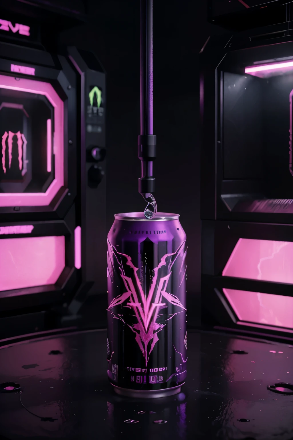 a can of Monster energy Drink being manufactured. The package is floating in the center of the image on a metal base with tubes and wires attached. dark environment. pink neon lights. pink purple blue. futuristic and minimalist environment with clean background. 3D rendering, hyper-detailed