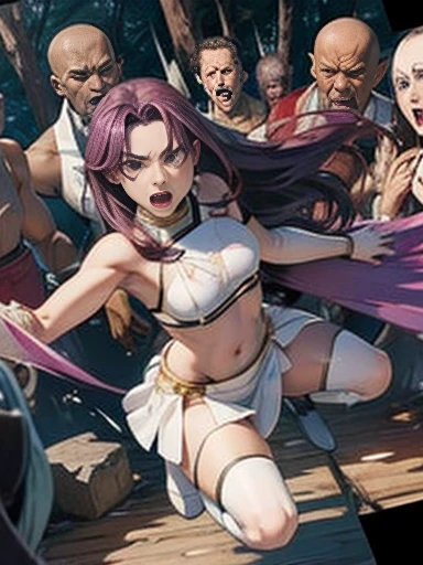 highest quality、Battle of Despair 1:8、Beautiful woman with very long purple hair、White see-through dress(No sleeve、Chest exposed、belly on、Exposed thighs)、White Armor Boots、Tears overflow、Frightened expression、scream、run away、Attacked by mutants 1:5、Many violent mutants 1:5、Mutant Holding Arm、Mutant attacks from behind、Mutant grabs leg、Mutant Swarm 1:5、Midnight、anot world、Dark fantasy、hell