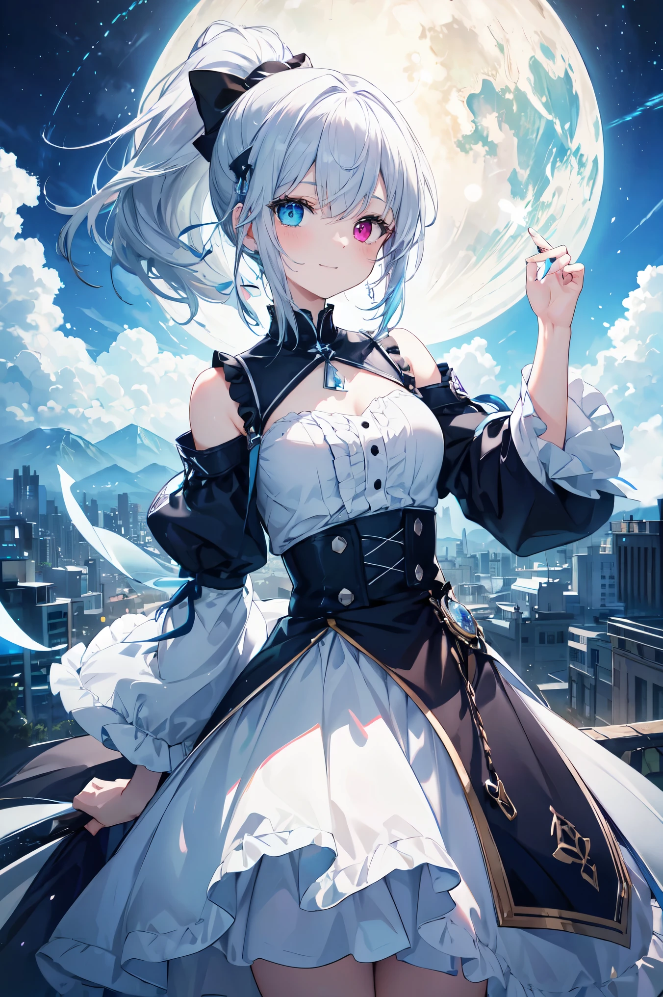 highest quality,masterpiece,Bluish silver ponytail、(Drooping iris due to heterochromia,Glowing Eyes:1.2)、、20-year-old、Big smile、thin、Confused, High resolution, (Official Art, beautifully、aesthetic:1.2), Close a view, 1 girl, Bright Sky, A vast world, stare, Awe-inspiring expressions, Distant Horizon, cloud, High Hill, Natural beauty, Inspiration, Night Sky, Twinkle Star,