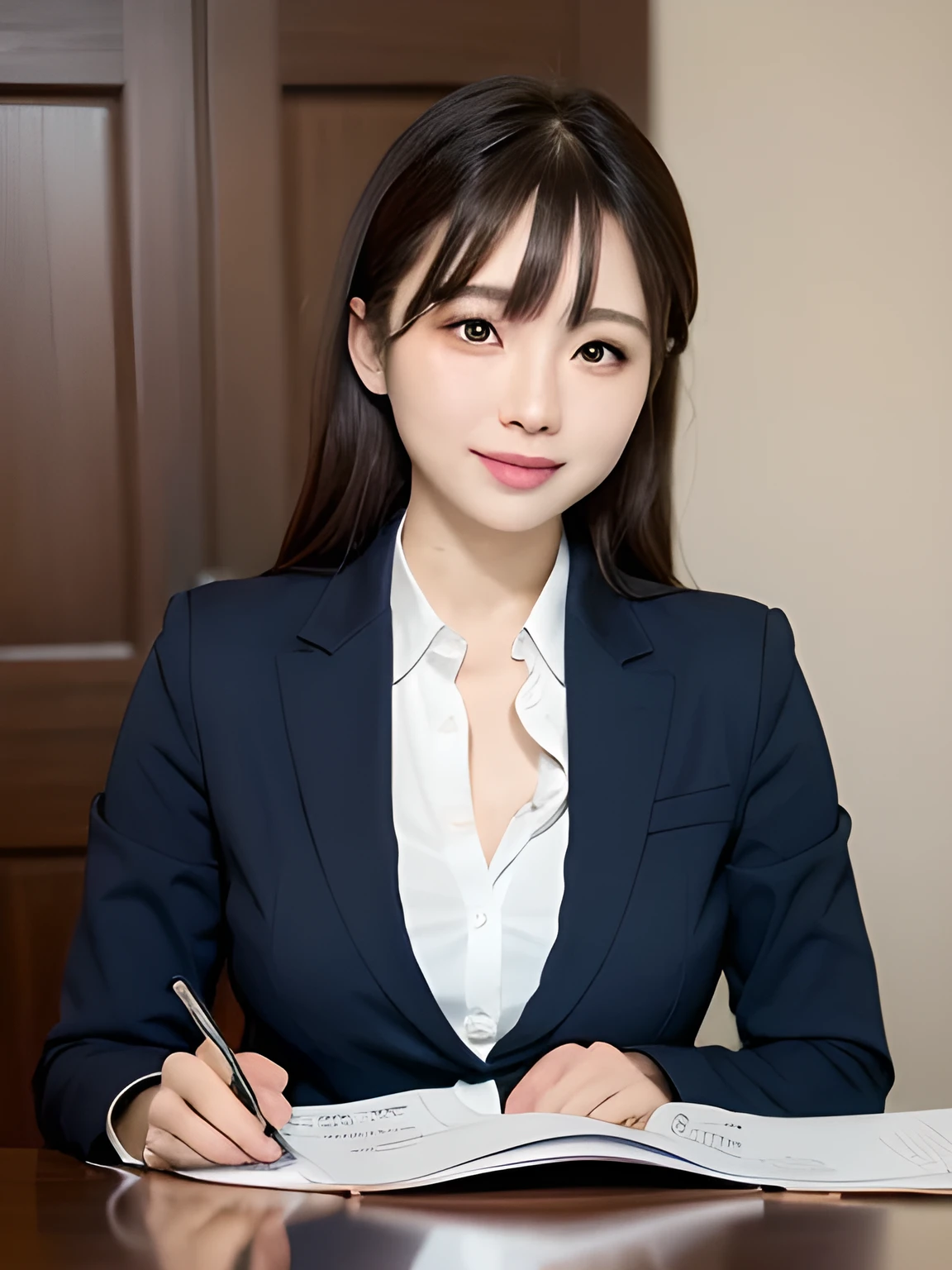 Tabletop, highest quality, Very detailed, finely, High resolution, 8k wallpaper, Perfect dynamic composition, Beautiful and beautiful eyes, Natural Lip,blazer , Dark blue business suit , Big Breasts, whole body, blue eyes , Black Choker , parlor , Natural Makeup, secretary , smile, Japanese women , bangs , Holding a stack of documents
