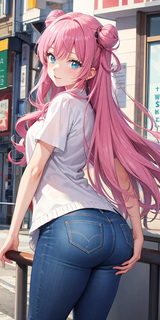 akari watanabe, long hair, solo, pink hair, blue eyes, looking at viewer, round ass, 1girl , A-line skirt, jeans
