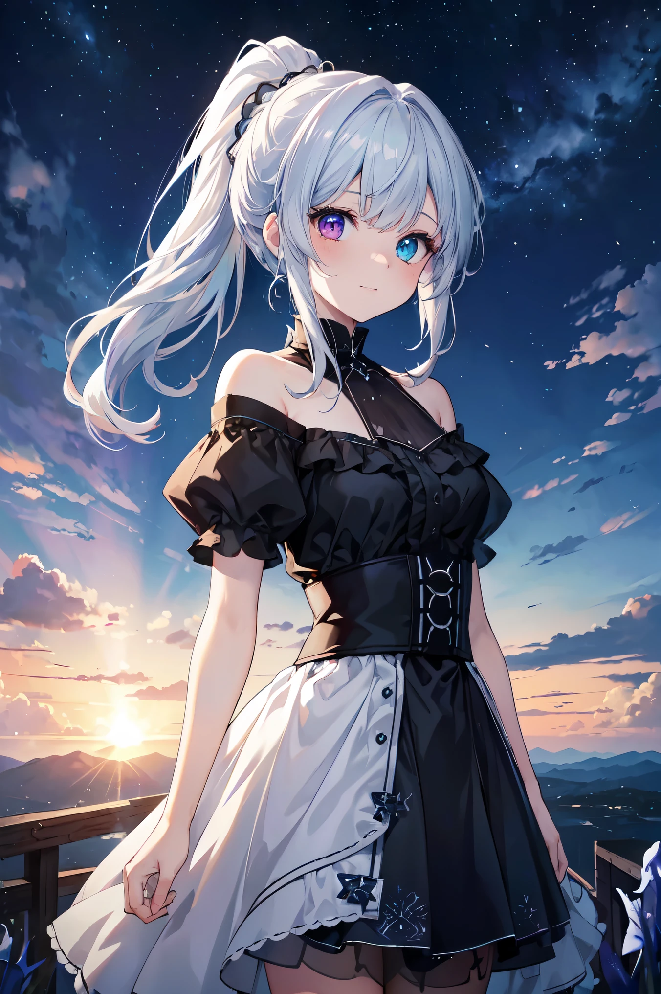 highest quality,masterpiece,Bluish silver ponytail、(Drooping iris due to heterochromia,Glowing Eyes:1.2)、、20-year-old、Big smile、thin、Confused, High resolution, (Official Art, beautifully、aesthetic:1.2), Close a view, 1 girl, Bright Sky, A vast world, stare, Awe-inspiring expressions, Distant Horizon, cloud, High Hill, Natural beauty, Inspiration, Night Sky, Twinkle Star,