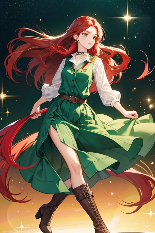 A woman with red hair and green eyes. and has light freckles *manhua* *bokunoheroacademia* First arabesque: Right arm forward, left leg back with friends *boku no hero academia* Dressed as a ballerina. There is a warm atmosphere around her hair is long and wavy with glamorous make-up