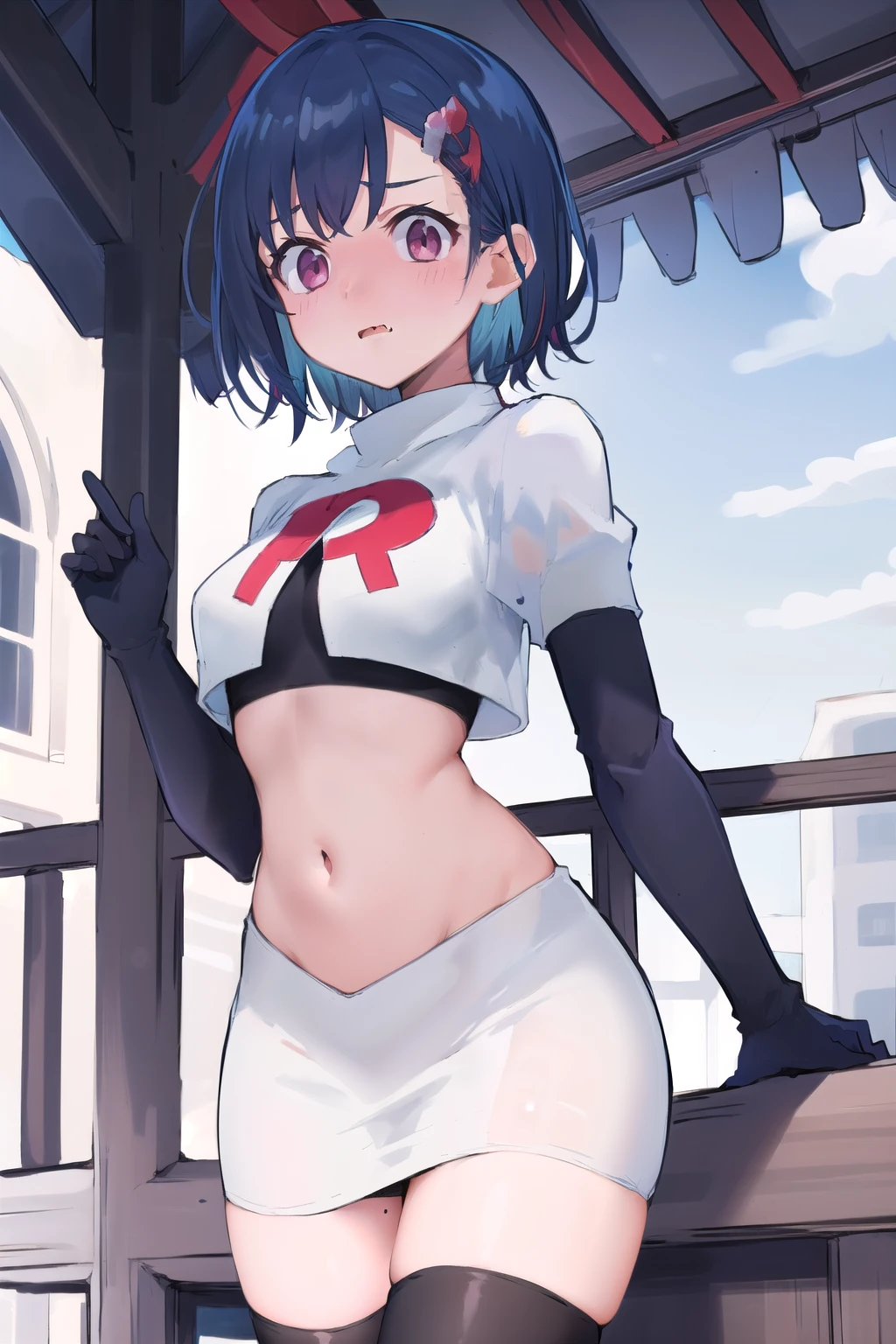 (masterpiece), (best quality), 1girl, solo, fang, blue hair, skin fang, short hair, hair behind ear, purple eyes, team rocket,team rocket uniform,white skirt,red letter R,crop top,black thigh-highs,black elbow gloves, hair ornament, medium breasts, mole on thigh, outdoors, blush, embarrassed, cowboy shot