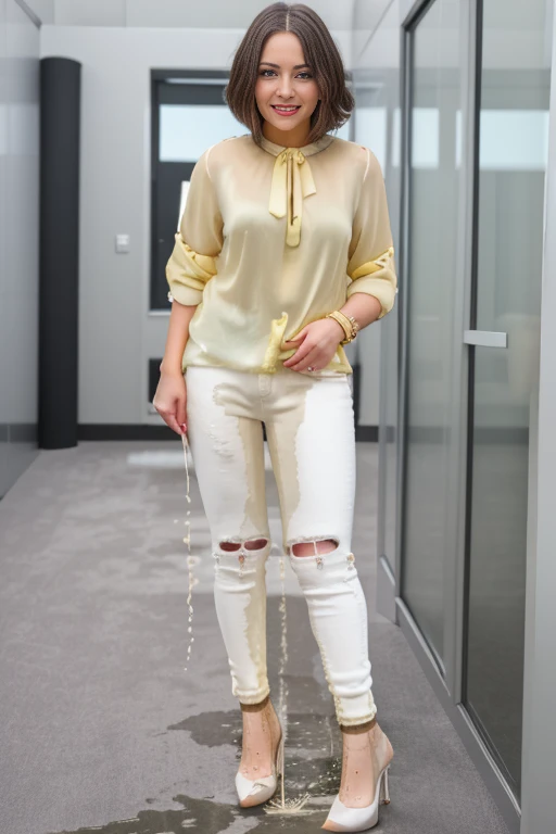 ((((white skinny jeans:1.2)))), (Best Quality,high resolution,bokeh:1.2),woman,Pronounced wrinkles,platinum blonde hair,((very short frizzy Blunt Textured bob haircut)),Detailed eyes and face,((yellow blouse)),(standing:1.0),(big smile), Posing, standing in an office,((black high heel pumps)), ((show heels)), jeans are wrinkled from wetness, peeing, wetting self, shins of jeans soaked with pee, ((jeans are dark yellow where they are soaked with pee))