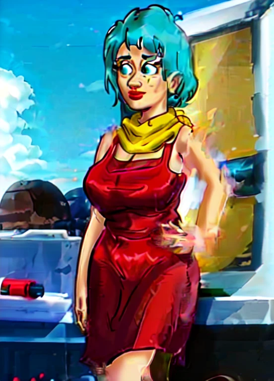 obra de arte, melhor qualidade, mais alta qualidade, (perfect lighting), (fotorrealista), anatomia perfeita, rosto perfeito, olhos perfeitos, 
 bulmadbzreddress, aquamarine hair, cabelo curto, olhos azuis, brincos, vestido vermelho, yellow scarf, blue sky, nuvens, em um penhasco olhando para uma cidade, (BishoujoMãe: 1.5), very tight vestido vermelho, pernas que se abrem, ((seios enormes, decote))), ((coxas grossas, figura de ampulheta)), (topless), 1.5) ((thick red lips), ((olhos azuis)), ((aquamarine hair)) fotorrealista, foto, obra de arte, realista, Realismo,  fotoRealismo, fotoRealismo, alto contraste, fotorrealista digital art trend on Artstation 8k HD HD realista detalhado, detalhado, textura da pele, hyper detalhado, realista textura da pele, melhor qualidade, ultra high resolution (fotorrealista: 1.4), high resolution, detalhado, Foto bruta, re afiado, by Lee Jeffries Nikon D850 film stock photography 4 Kodak Portra 400 f1 camera.6 rich color lenses realistic texture hyperrealistic lighting dramatic trend unrealEngine in ArtStation CineStill 800,