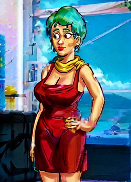 obra de arte, melhor qualidade, mais alta qualidade, (perfect lighting), (fotorrealista), anatomia perfeita, rosto perfeito, olhos perfeitos, 
 bulmadbzreddress, aquamarine hair, cabelo curto, olhos azuis, brincos, vestido vermelho, yellow scarf, blue sky, nuvens, em um penhasco olhando para uma cidade, (BishoujoMãe: 1.5), very tight vestido vermelho, pernas que se abrem, ((seios enormes, decote))), ((coxas grossas, figura de ampulheta)), (topless), 1.5) ((thick red lips), ((olhos azuis)), ((aquamarine hair)) fotorrealista, foto, obra de arte, realista, Realismo,  fotoRealismo, fotoRealismo, alto contraste, fotorrealista digital art trend on Artstation 8k HD HD realista detalhado, detalhado, textura da pele, hyper detalhado, realista textura da pele, melhor qualidade, ultra high resolution (fotorrealista: 1.4), high resolution, detalhado, Foto bruta, re afiado, by Lee Jeffries Nikon D850 film stock photography 4 Kodak Portra 400 f1 camera.6 rich color lenses realistic texture hyperrealistic lighting dramatic trend unrealEngine in ArtStation CineStill 800,