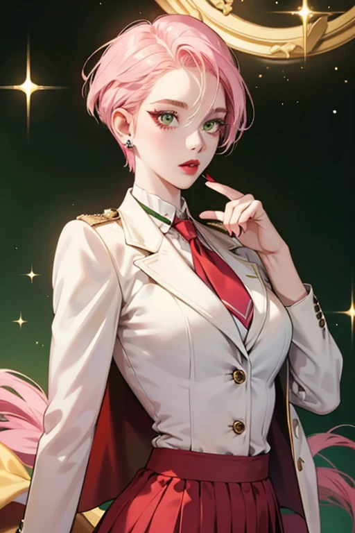 She has pale skin, amber eyes, pink hair styled in an asymmetrical haircut and she wears red lipstick. She wears white stud earrings. She wears an army green business suit including a jacket and skirt, with a red tie and a white shirt underneath and a golden monocle. SPARKLE; GLITTER