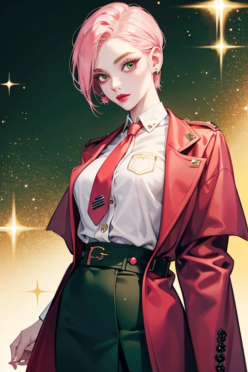 She has pale skin, amber eyes, pink hair styled in an asymmetrical haircut and she wears red lipstick. She wears white stud earrings. She wears an army green business suit including a jacket and skirt, with a red tie and a white shirt underneath and a golden monocle.  SPARKLE; GLITTER