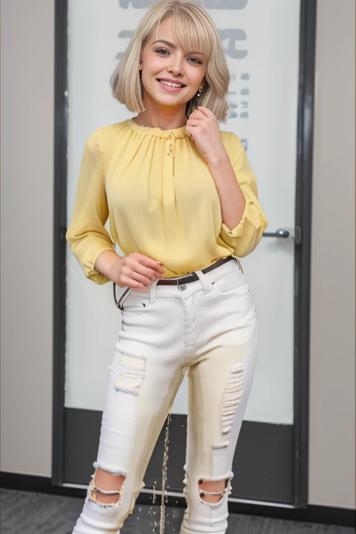 ((((white skinny jeans:1.2)))), (Best Quality,high resolution,bokeh:1.2),woman,Pronounced wrinkles,platinum blonde hair,((very short frizzy Blunt Textured bob haircut)),Detailed eyes and face,((yellow blouse)),(standing:1.0),(big smile), Posing, standing in an office,((black high heel pumps)), ((show heels)), jeans are wrinkled from wetness, peeing, wetting self, shins of jeans soaked with pee, ((jeans are dark yellow where they are soaked with pee))
