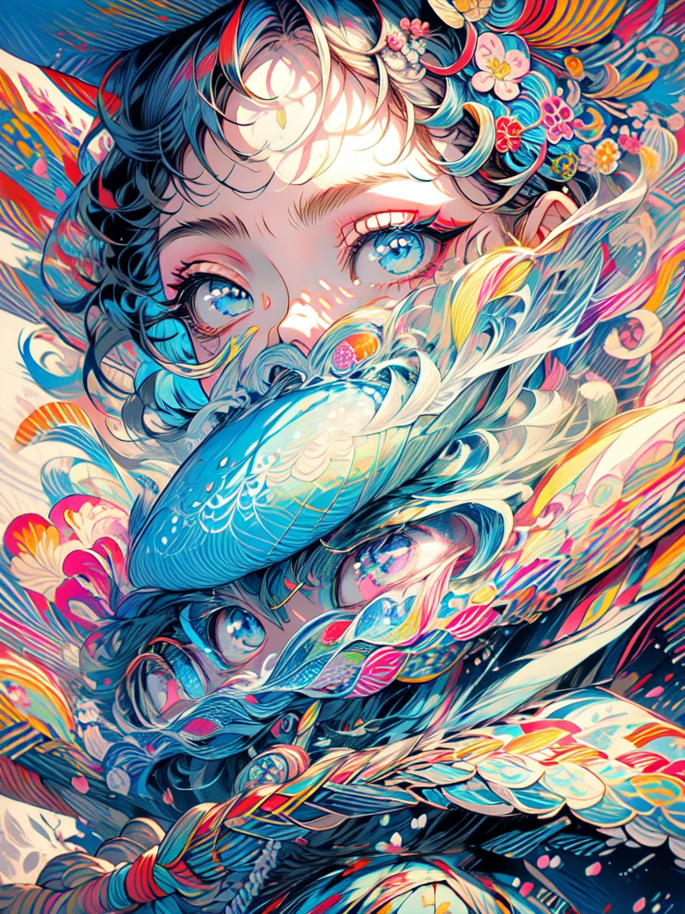 (best quality,masterpiece:1.2,intricate details:1.2),beautiful face,ukiyoe,1girl,a girl in patterned kimono,look at viewer:1.3,face tattoo:1.2,small oni horn,detailed hair,flowing brushstrokes,traditional Japanese art, vibrant colors, golden obi, delicate cherry blossoms, serene expression, traditional makeup, peaceful background, soft lighting