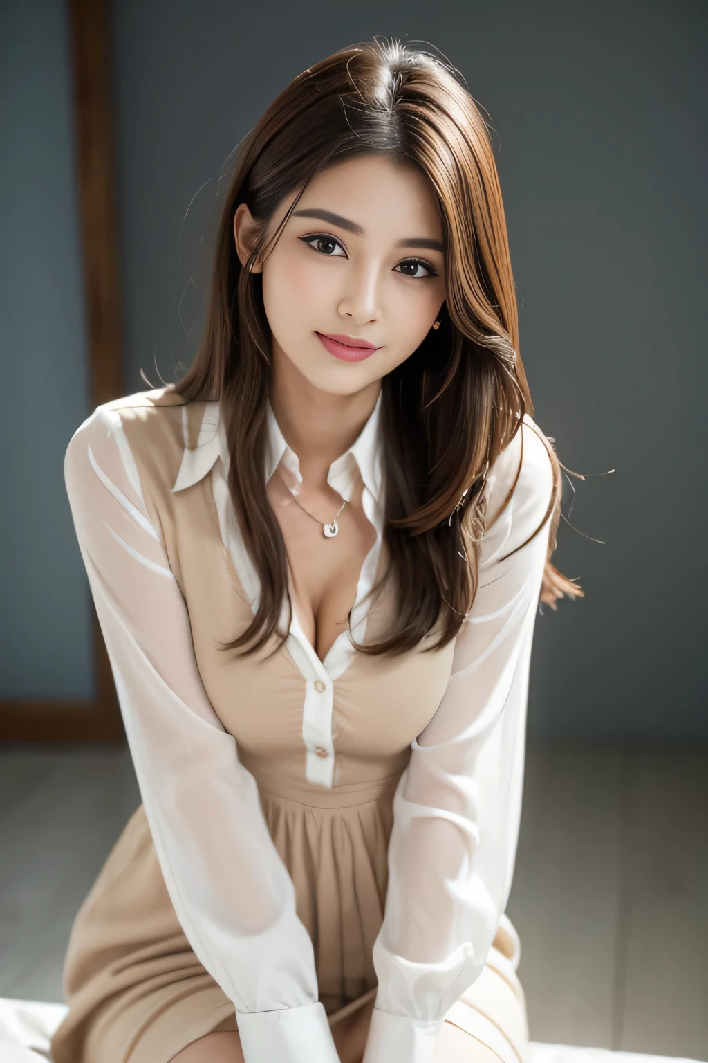 (RAW Photos), (Realistic), (masterpiece), (highest quality), High resolution, 8k, (Intricate details), (Volumetric Light), Portraiture, woman, Age 25, Medium Hair, Straight hair, Layered Hair, Brown Hair, Very beautiful eyes, Source order, Very thin eyebrows, Very fine skin, Very beautiful mouth, Very nice nose, Cute like an idol, Cleavage、smile, (Thick lips), (Looking at the audience), (Collared dress shirt), Above the knee shot,Slim figure、