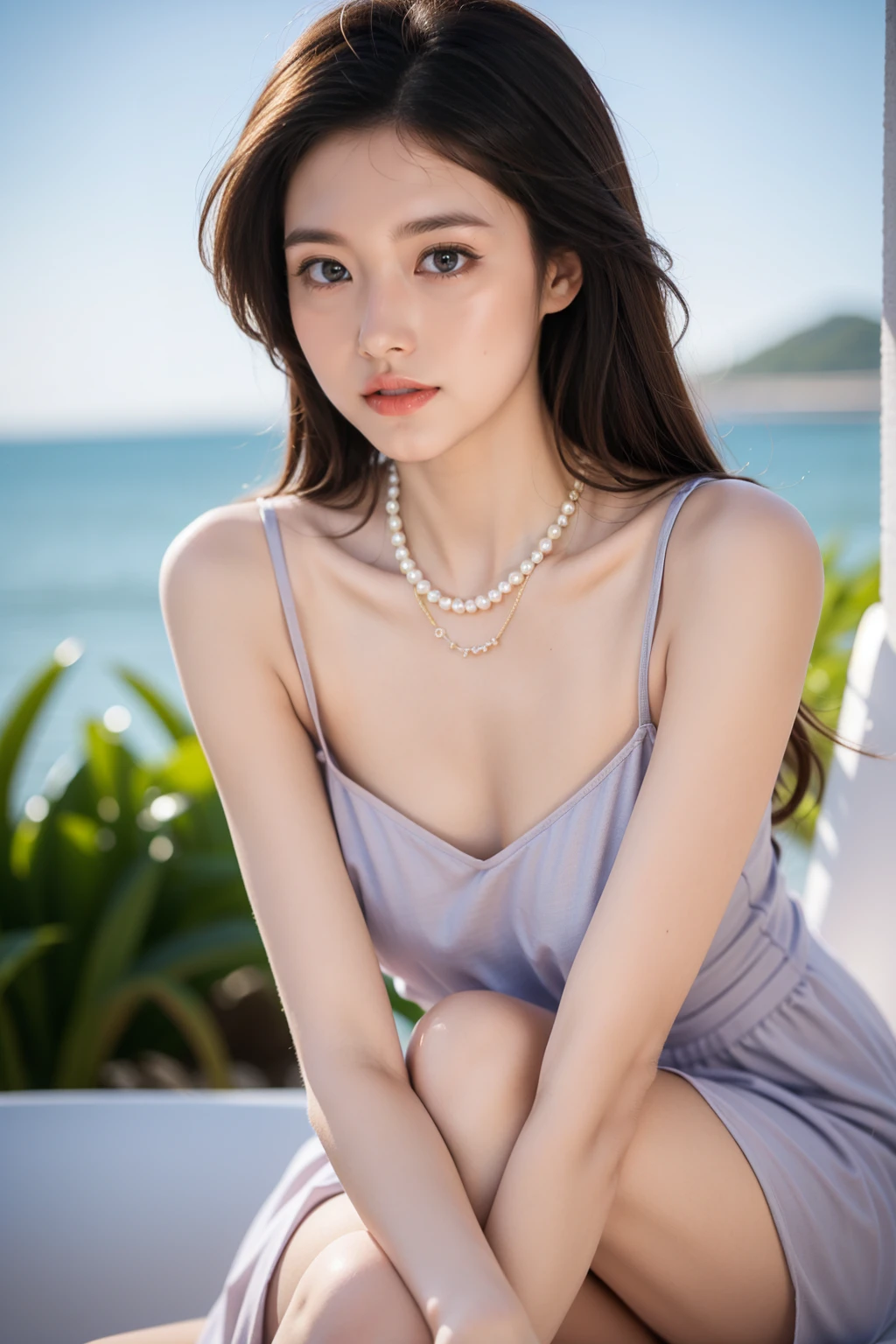 Sweet Girls Clothes 2,pearl necklace,pink dress,flower,  ((knee shot)), (Shot from random angles), (Medium shot), detailed, dense, masterpiece, A girl, fair, outdoor, Oceanside, Blue sky and white clouds, Ocean, Elegant Posture, Charming pose, Sexy, Sexy双腿, Slim, Long legs, Brown hair, 22 years old, Smooth skin, glowing skin, Shiny Hair, Clear eyes, Glowing eyes, Brown eyes, soft lips, Light pink lips, Smile, Shy, open mouth, 刘Ocean, Large Breasts, glowing skin, warm color, Color Saturation, Simple gold necklace, Diamond necklace, (masterpiece: 1.0), (Practical: 1.6), (Soft Focus: 1.5)