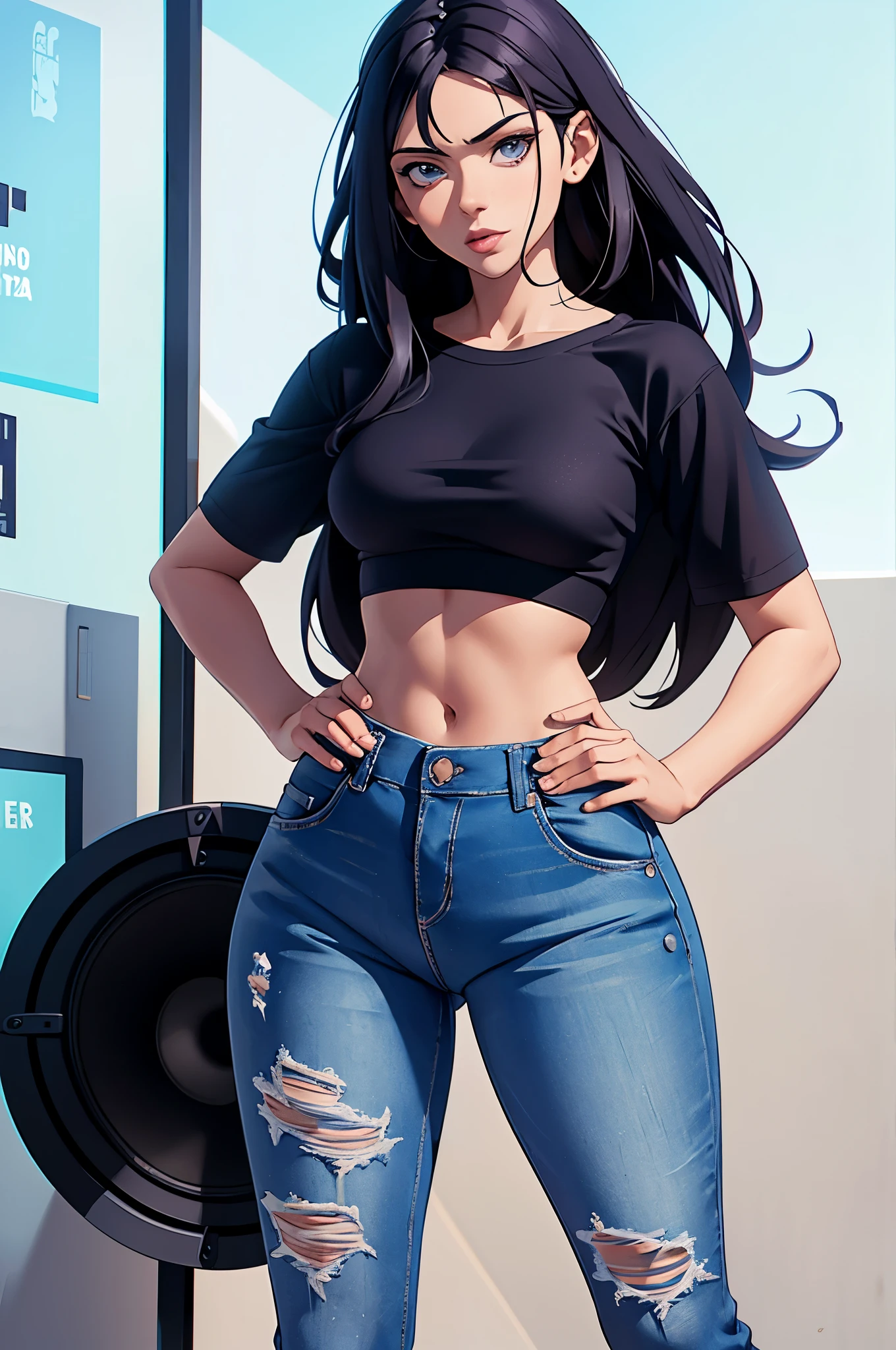 (Hinata Hyuga, muito sensual, com roupas apertadas, bunda grande, pernas grossas, Wearing extremely tight jeans, usando uma mini blusa, umbigo com pirsing, cabelo grande, Speaker behind, muito realista, extremamente sexy, 8k, 8k extremamente detalhado), (um extremamente delicado e bonito), (obra-prima), (melhor qualidade: 1.0), (ultra highres:1.0)