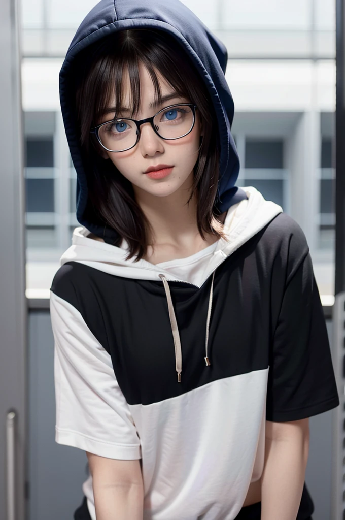 1girl with glasses, Blue eyes, portrait of man, upper body, front, chest, looking_at viewer, black_hoodie, hood, simple_background, dark_background,
  