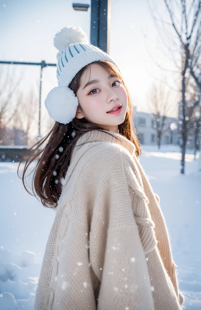 Ulzzang-6500-v1.1, (RAW Photos:1.2), (Realistic:1.4), Beautiful detailed girl, Very detailed eyes and face, Beautiful fine details, Ridiculous, incredibly Ridiculous, Large file size, Very detailed, High resolution, Very detailed, highest quality, masterpiece, Kemomimi, ((Japanese girl in winter wear and beanie)), figure, Very detailed, CG, Unified, 8k wallpaper, wonderful, Fine details, masterpiece, highest quality, Very detailed CG uniform 8k wallpaper, Light on the face, Cinema Lighting, One girl, 16 years old, ((Dynamic pose)), Winter background with snow, Playing in the snow,
