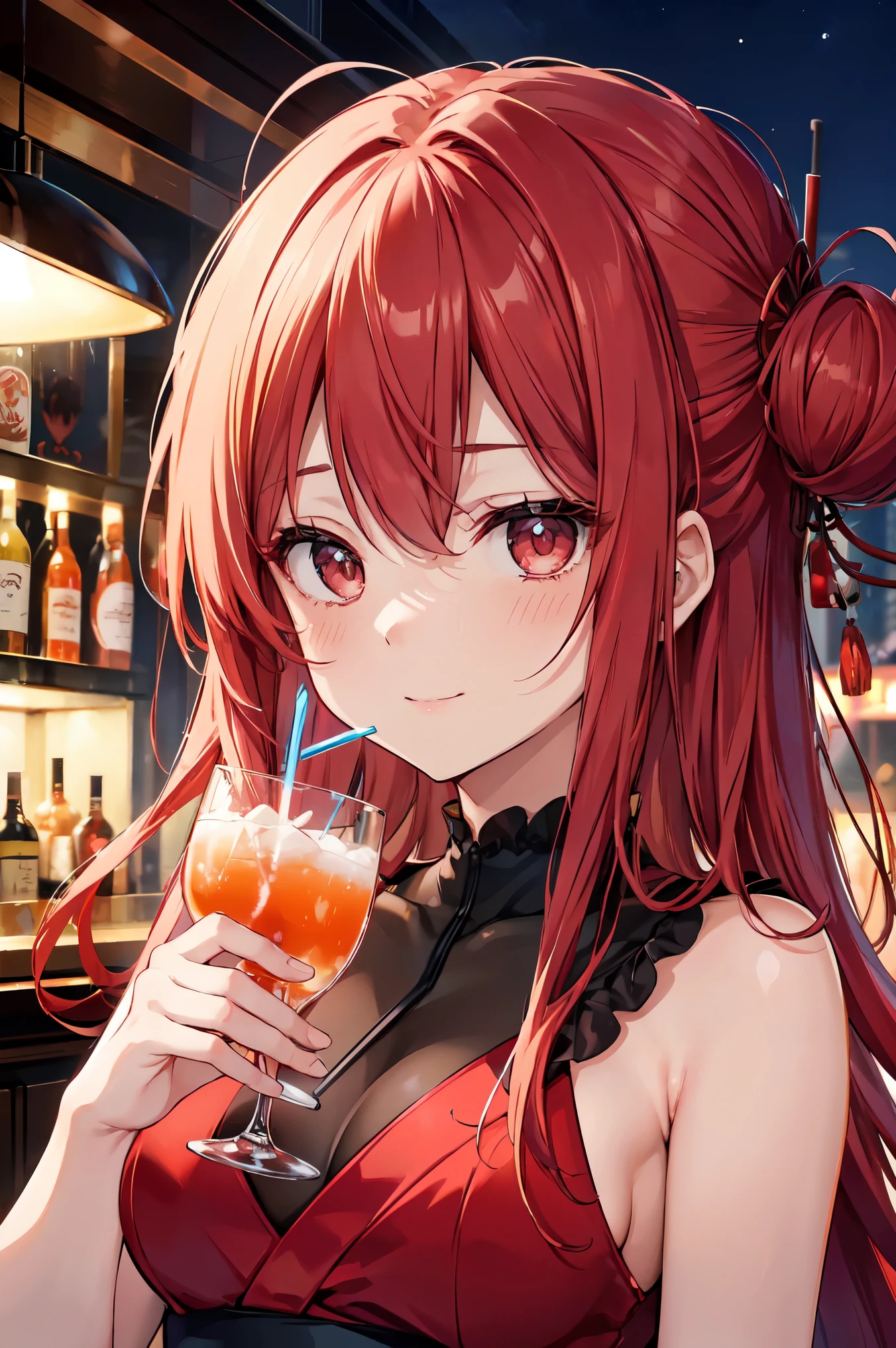 Close-up of Red Fizz cocktail art displayed on an illuminated bar counter at night, High quality waifu movie anime with avant-garde fashion style, A droopy-eyed Japanese idol girl is smiling while holding a cocktail glass. Shaker on the counter. Red refraction