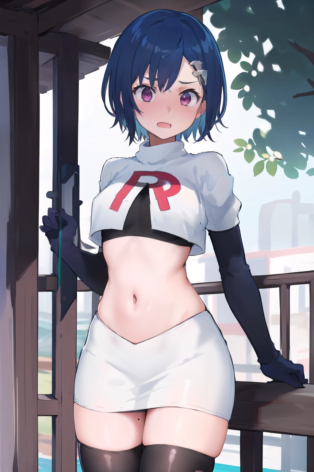 (masterpiece), (best quality),  1girl, solo, fang, blue hair, skin fang, short hair, hair behind ear, purple eyes, team rocket,team rocket uniform,white skirt,red letter R,crop top,black thigh-highs,black elbow gloves, hair ornament, medium breasts, mole on thigh, outdoors, blush, embarrassed, cowboy shot