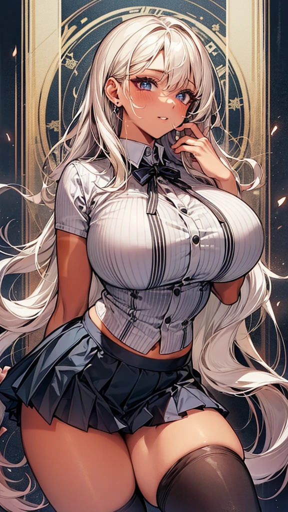 One Girl, High quality, Ultra detailed, best quality, insanely detailed, beautiful, masterpiece, cute, smile,((Short pleated skirt, White blouse, Schools in South Korea:1.2)), sexy, A girl showing off her attractive breasts, ((Platinum Blonde Hair, Long Hair)),Pink Orb, fine grain, Beautiful Eyes, Delicate eyes, ((Hourglass Shaped Body, sexy body)), Correct Anatomy, Correct limbs, ((Huge breasts:1.2)), Juicy lips, Pouting, [Detailed Background (Schools in South Korea, South Korea Colleges and Universities, Seoul, South Korea)]BREAK((black thigh high socks)),((Side Shot)),((View from between the legs)),((tan skin:1.6))