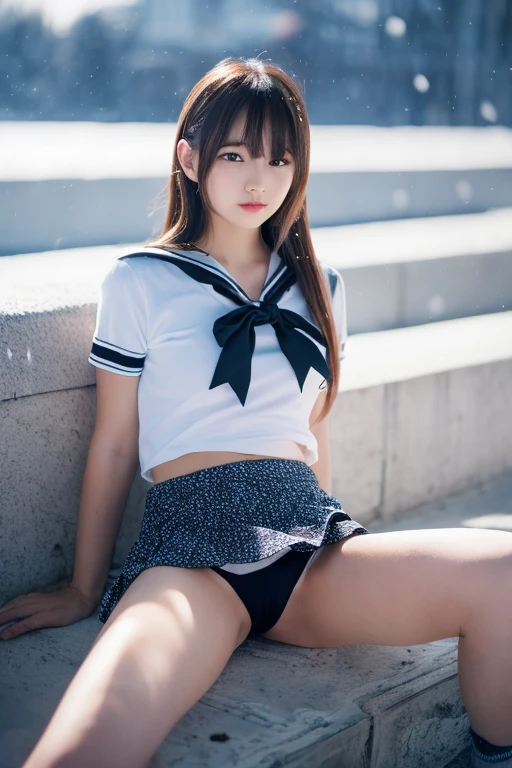 (Photo_\\(Medium\\):1.2), 1girl in, (Photorealsitic:1.2), hyper realisitic, photorealisim, a closeup, Raw feet, A dark-haired, bobhair, bangss, Black eyes, steampunc, a sailor suit,  , hi-school girl, kawaii, goose bumps, Ultra mini skirt, Dark blue pleated skirt, Heavy snow falls on the snowy mountain,a backdrop of, Ephemeral, Full body, is standing, Injured leg, Goosebumps on my arms, Goosebumps on my feet, Super beautiful legs, depth of fields, in 8K, VFX, nffsw, Very slender girl, Very short socks, Tri-fold white socks, Very short sleeves, Cute, bruised, Short sleeves even in winter, a beauty girl, Idol, Dangerous shooting, Y2K、((Sexy panties in full view:1.05))、((Spread your legs wide:1.45))