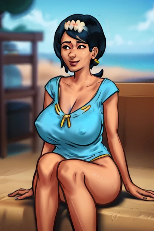 obra de arte, melhor qualidade, lanamãe, pupilas brancas, Cabelo longo, hair ornament, Camisa, Manga curta, Saia azul e branca, tronco, seios grandes, clavicle, (Fora do ombro:0.4), mulher madura, quadris largos, olhando para o espectador, sorriso, praia, Palmeiras, boardwalk, Boca aberta, feliz