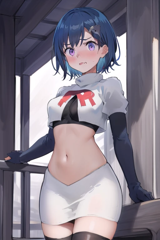 (masterpiece), (best quality), 1girl, solo, fang, blue hair, skin fang, short hair, hair behind ear, purple eyes, team rocket,team rocket uniform,white skirt,red letter R,crop top,black thigh-highs,black elbow gloves, hair ornament, medium breasts, mole on thigh, outdoors, blush, embarrassed, cowboy shot