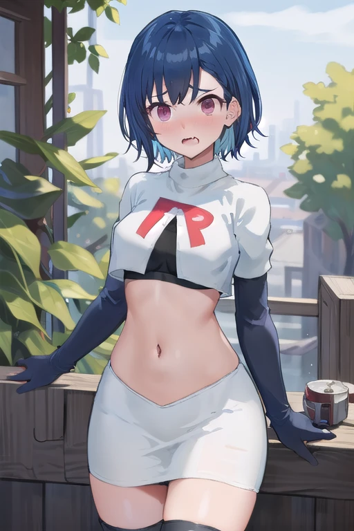 (masterpiece), (best quality),  1girl, solo, fang, blue hair, skin fang, short hair, hair behind ear, purple eyes, team rocket,team rocket uniform,white skirt,red letter R,crop top,black thigh-highs,black elbow gloves, hair ornament, medium breasts, mole on thigh, outdoors, blush, embarrassed, cowboy shot