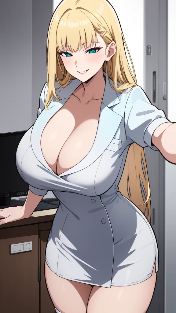 (best quality:1.5, highres, UHD, 4K, detailed lighting, shaders, perfect hand anatomy), blonde straight hair, busty, nurse outfit, cleavage, thighs, smiling, pov, close shot, standing, hospital background