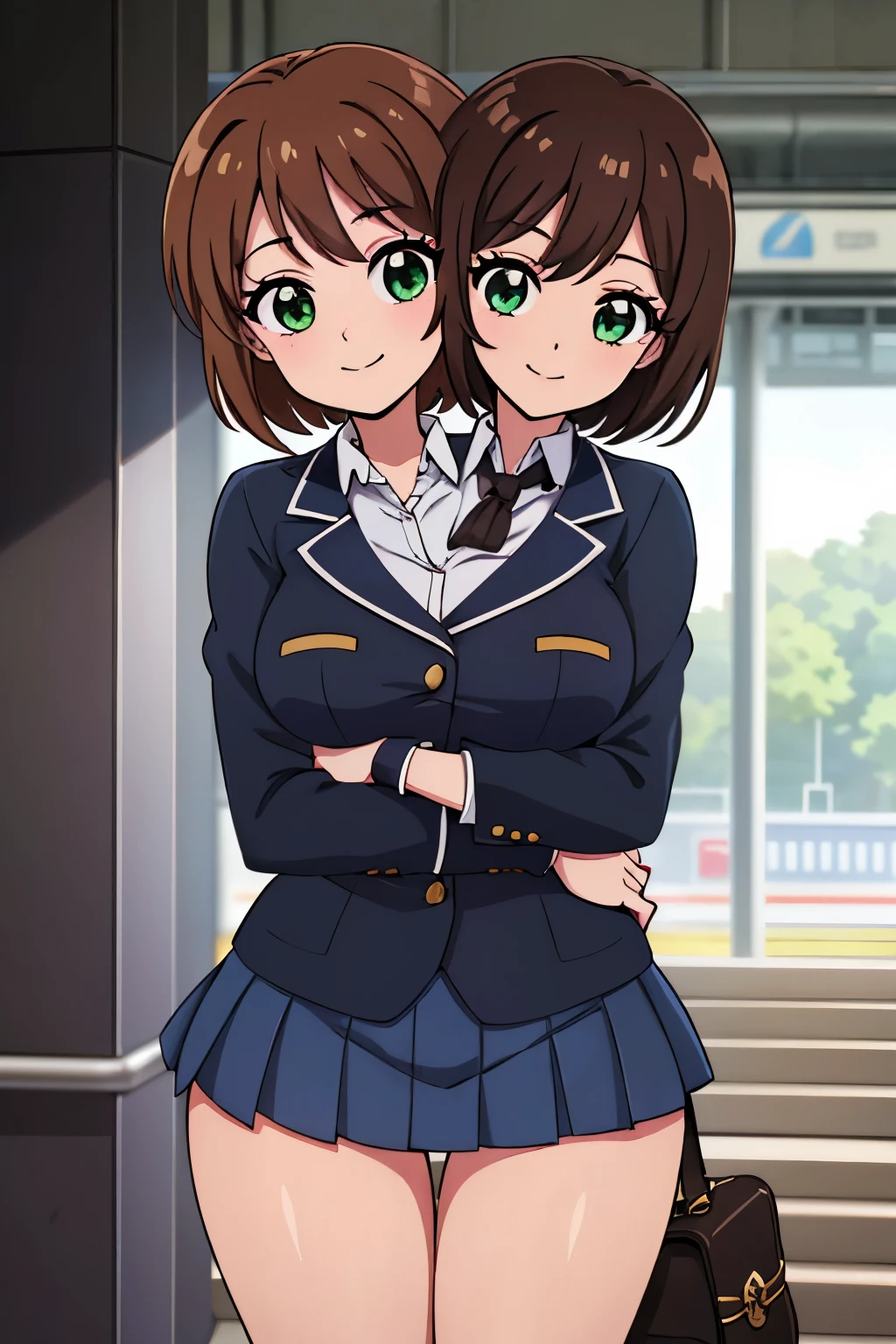 (masterpiece),(ultra-detailed), (high quality), (high resolution), (best quality:1.5, highres, UHD), highres, absurdo, ultra detail, ultra quality, Ultra resolution, 16k, ((2heads:1.5)), 1girl, ((anime girl with two heads)), (brown hair)  black blouse with blue jacket and a mini skirt with pleats, fingerless black gloves, suede shoes, gentle smile, tomboy, cowboy shot, railway station, green eyes