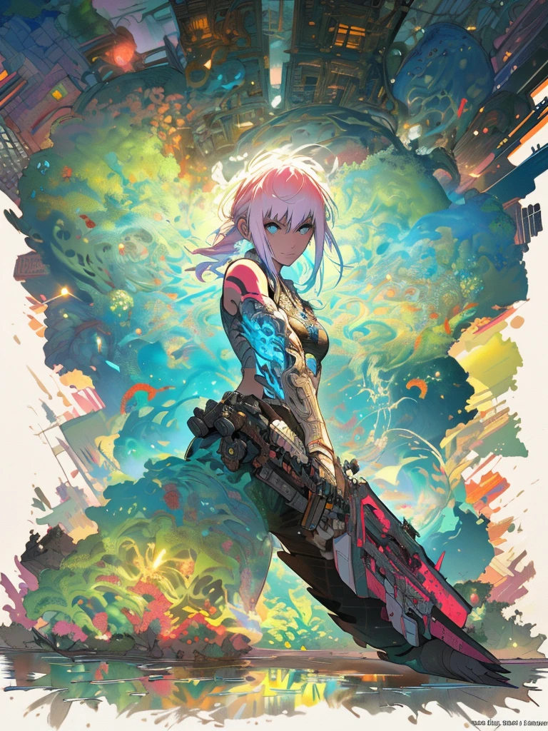 gwenpool, ((assassin style)),((Doragon)),water world,Colosseum,saibe,tattoo,no clothes,Savage,small bust,robot hand,Shoulder-length messy hair, no clothes,Detailed beautiful face,Delicate and beautiful eyes,shield,happy, mail, Super fine skin,Beautiful slim style anime girl, Super detailed painting, Luminism, Concept art by Carne Griffiths and Wadim Kashin, 4K resolution, Fractal isometric detail bioluminescence , 3D rendering, octane rendering, complexly detailed , ish, Trending isometric center hyperrealistic cover photo awesome full color on artstation, Hand Painted , Gritty, Realistic Mucha , complex, Hit definition , ish,rough sketch, Thick lines, on the paper, (saiber punk:1.4), frills,lace,frills,lace,frills,lace
BREAK
((Cool oversized chainsaw in hand)), ((Super large cool weapon machine)),open stance, Action pose,
White background,simple background,Wide-angle lens