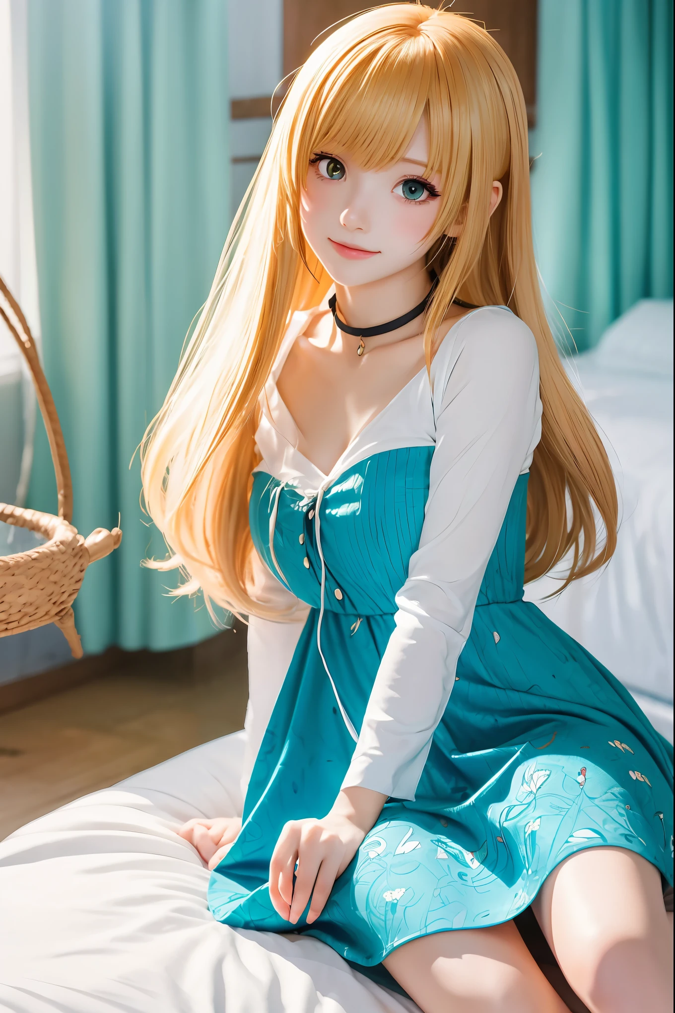 Highly Detailed CG Integrated 8k Wallpaper、Very Good、Absurd、8KCG Wallpaper、Highest Quality、Super Detailed、Cute Face、Anime Girl Sitting on Bed in Blue Dress and White Shirt, Home Art Animes, Blonde Long Hair anime girl, anime style as destiny, Cute girl anime pictures, cute anime wife in a nice dress, in a dress, best anime girl, small curves, anime moe art style、The stars are full of shine