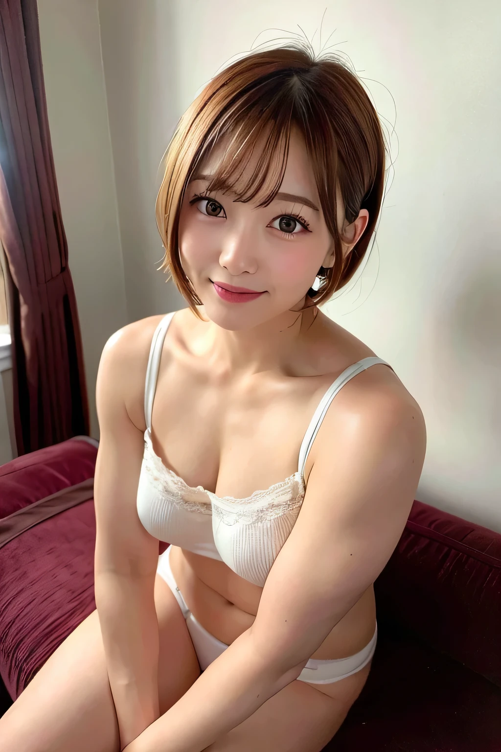 Hotel room, Sitting on the sofa, highest quality, Ultra-high resolution, (Realistic:1.4), One girl, In underwear, (Short Hair:1), (Medium chest:1.2), View your viewers, close ,