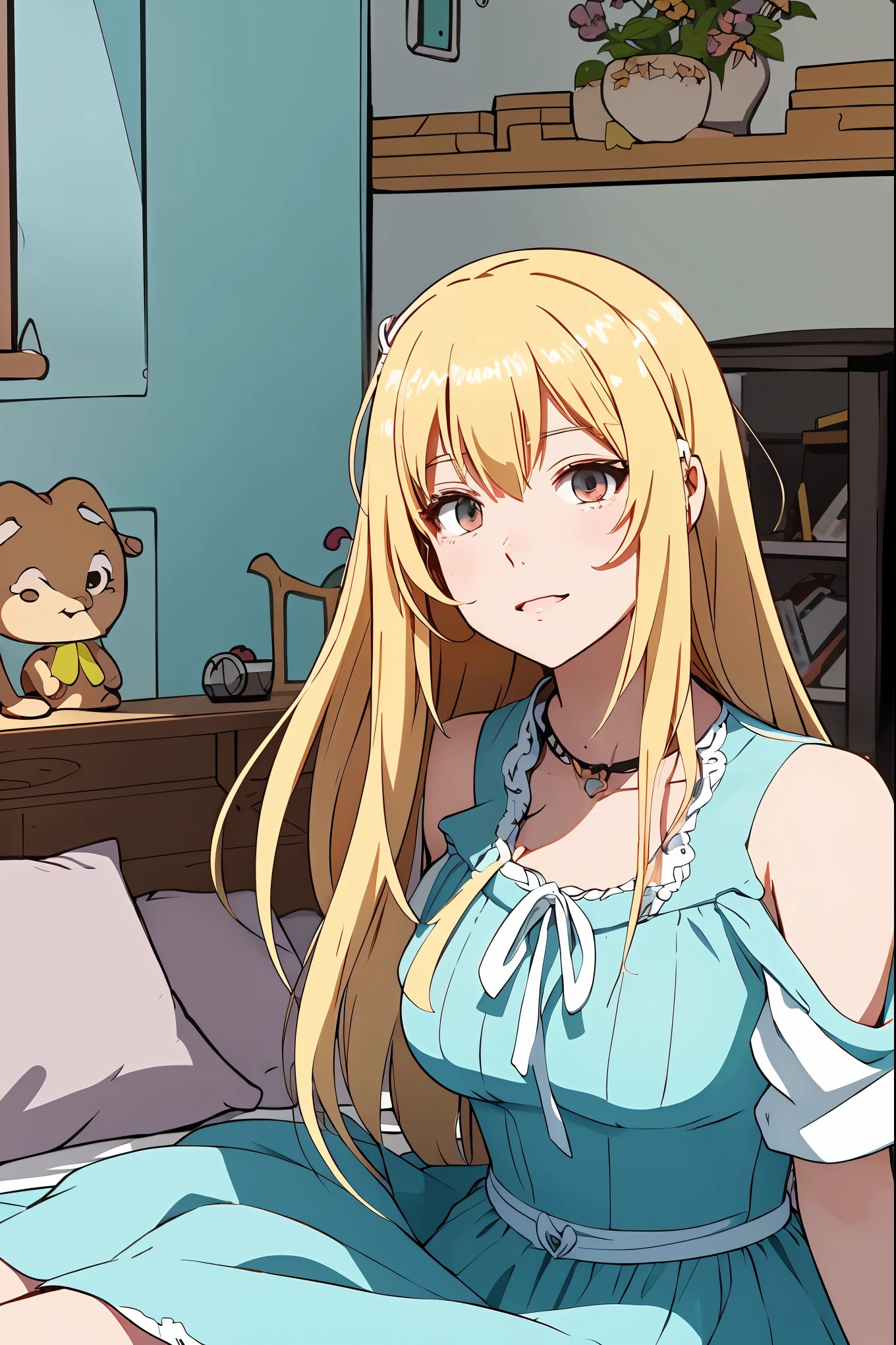 Highly Detailed CG Integrated 8k Wallpaper、Very Good、Absurd、8KCG Wallpaper、Highest Quality、Super Detailed、Cute Face、Anime Girl Sitting on Bed in Blue Dress and White Shirt, Home Art Animes, Blonde Long Hair anime girl, anime style as destiny, Cute girl anime pictures, cute anime wife in a nice dress, in a dress, best anime girl, small curves, anime moe art style、The stars are full of shine
