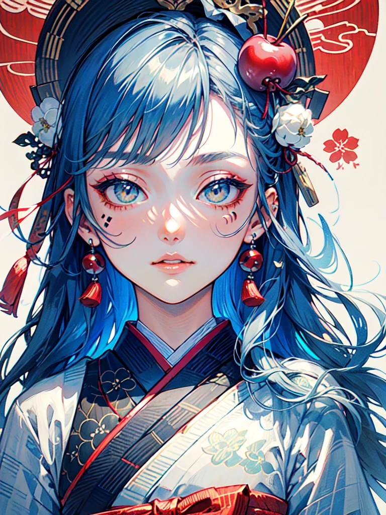 (best quality,masterpiece:1.2,intricate details:1.2),beautiful face,ukiyoe,1girl,a girl in patterned kimono,look at viewer:1.3,face tattoo:1.2,small oni horn,detailed hair,flowing brushstrokes,traditional Japanese art, vibrant colors, golden obi, delicate cherry blossoms, serene expression, traditional makeup, peaceful background, soft lighting