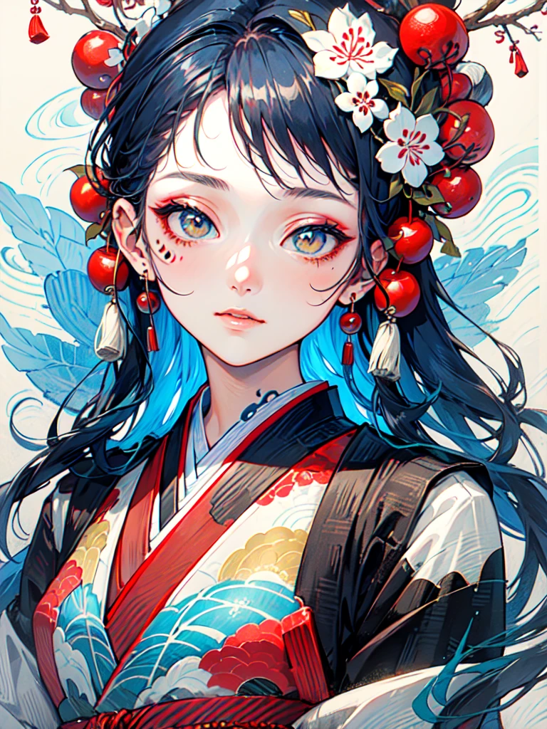 (best quality,masterpiece:1.2,intricate details:1.2),beautiful face,ukiyoe,1girl,a girl in patterned kimono,look at viewer:1.3,face tattoo:1.2,small oni horn,detailed hair,flowing brushstrokes,traditional Japanese art, vibrant colors, golden obi, delicate cherry blossoms, serene expression, traditional makeup, peaceful background, soft lighting