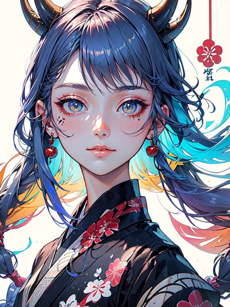 (best quality,masterpiece:1.2,intricate details:1.2),beautiful face,ukiyoe,1girl,a girl in patterned kimono,look at viewer:1.3,face tattoo:1.2,small oni horn,detailed hair,flowing brushstrokes,traditional Japanese art, vibrant colors, golden obi, delicate cherry blossoms, serene expression, traditional makeup, peaceful background, soft lighting