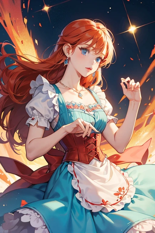 Shirley has thick ginger hair, blue eyes, a fair complexion. She wears light blue oval earrings and necklace, red-orange dress with a light blue corset underneath, and apron that has 2 pinks flowers on the left corner. SPARKLE; GLITTER