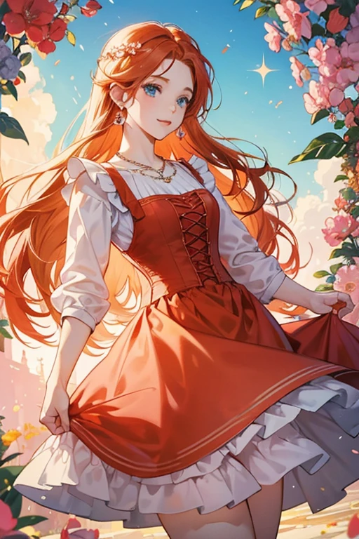 Shirley has thick ginger hair, blue eyes, a fair complexion. She wears light blue oval earrings and necklace, red-orange dress with a light blue corset underneath, and apron that has 2 pinks flowers on the left corner.  SPARKLE; GLITTER