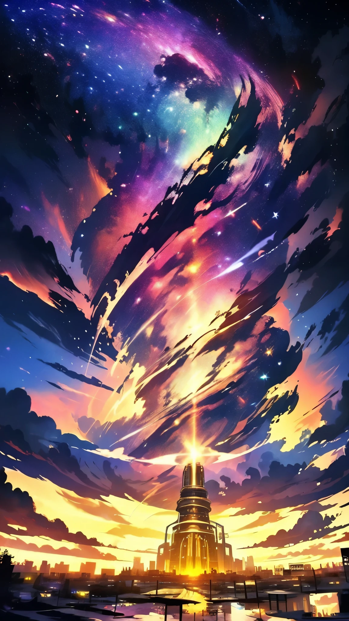 Epic Psychedelic Sky, psychedelic sunset, Outdoor, null, Storm Clouds, thunder, lightning, water, no_human, cloudy_null, building, star_(null), scenery, lens_Flare, starry_null, reflection, sunset, post apocalyptic city, post apocalyptic cityscape, post apocalyptic nullscraper, city_Light, diffractive, Great color scheme, Perfect color scheme
(A perfect masterpiece,highest quality, Highest Resolution:1.5)(Perfect CG 8K UHD Unity Wallpaper)