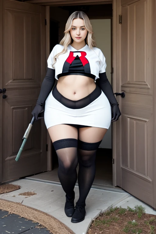 a Realistic photo of c4nd1c3sw woman wearing team rocket,team rocket uniform,white skirt,red letter R,crop top,black thigh-highs,black elbow gloves, long hair, breasts, looking at viewer, blue eyes, blonde hair, curvy body, plump body, huge big ass, thick body, curvy body type, voluptuous body type, busty body type, thick body type, big chest, big