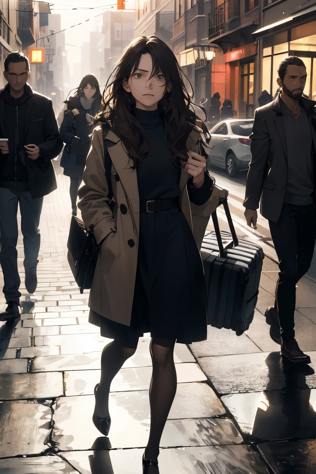 A distraught young man, visibly disheveled, finds himself staring at the receding figure of the girl who shattered his world. The girl, wrapped in a coat that cascades elegantly around her slender frame, strides away with an air of resolve, her heels clicking against the cobblestone street. A single streetlight casts dramatic shadows across their faces, illuminating her delicate features and causing her long, wavy brown hair to glisten. She carries a small suitcase, a stark symbol of her departure. The man, with his unkempt hair and heartbroken eyes, watches her back, his hands clenched tightly in his pockets. The scene, under the mel