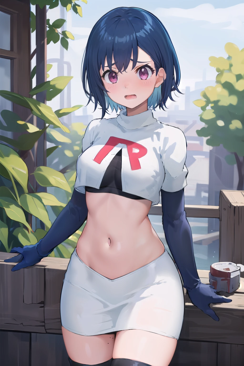 (masterpiece), (best quality), 1girl, solo, fang, blue hair, skin fang, short hair, hair behind ear, purple eyes, team rocket,team rocket uniform,white skirt,red letter R,crop top,black thigh-highs,black elbow gloves, hair ornament, medium , mole on thigh, outdoors, blush, embarrassed, cowboy shot