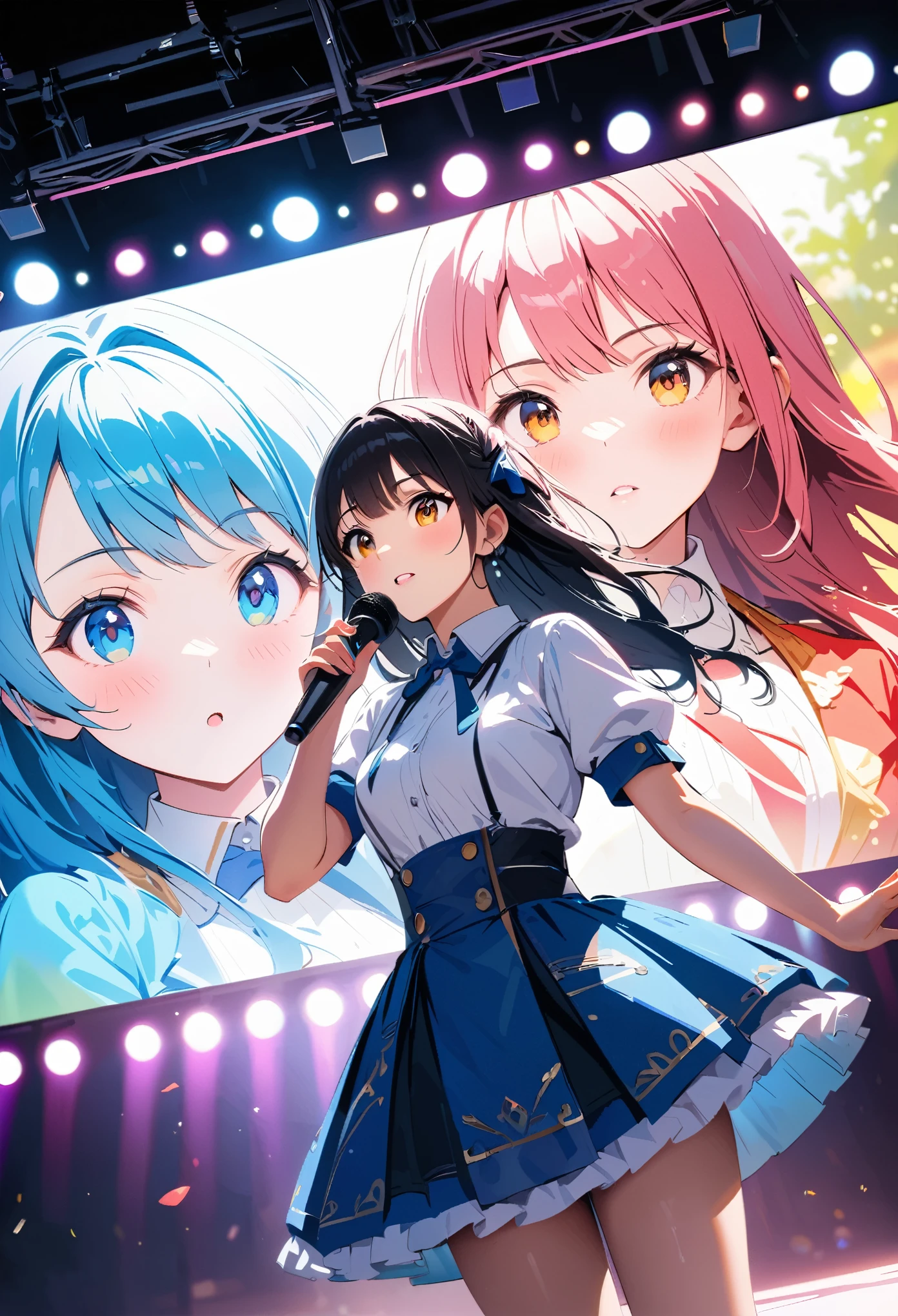 NMB48 idol,dramatic angle,stage,idolmaster cinderella girls starlight stage,stage lights,singing,holding microphone,HDR,UHD,studio lighting,ultra-fine painting,sharp focus,physically-based rendering,extreme detail description,professional,vivid colors,bokeh,portraits,delicate skin texture,full lipsheavy bright makeupnatural volumetric,Dream colors,studio light,isometric,Best quality,UHD,HDR,16K,high resolution,unreal engine 5,ultra-detailed,photorealistic,3D rendering,hyper realistic,Award-winning,Fujichrome Provia 100F,Fujifilm Neopan 100,Fujicolor C200,Fujicolor Pro 400H,Fujicolor Fujichrome Velvia 100,Takeshi Kitano
