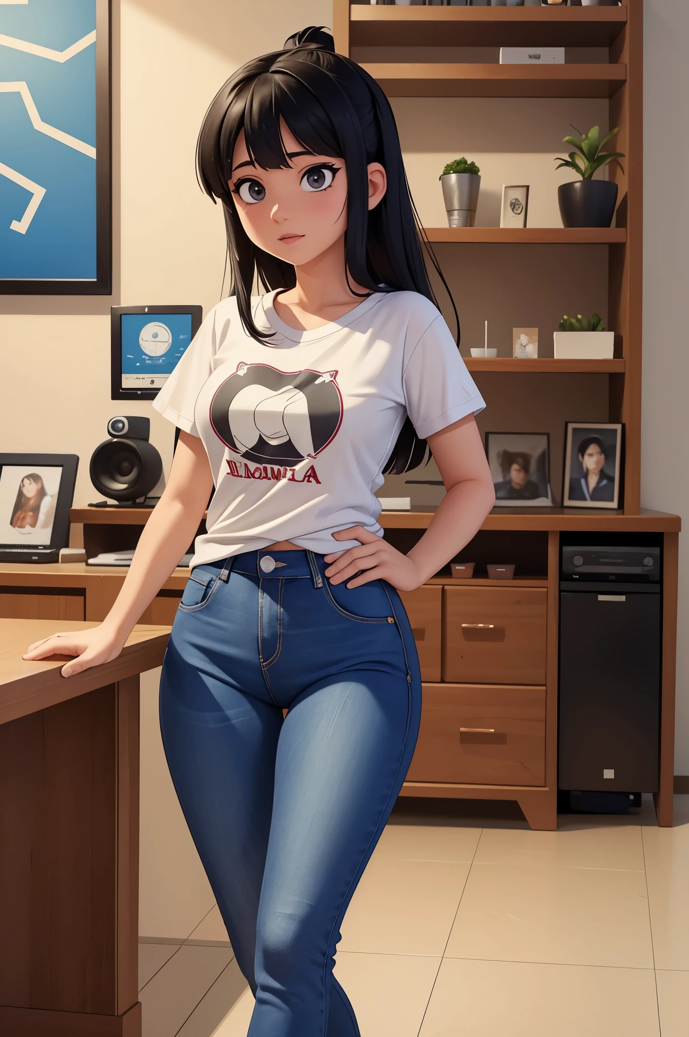 (Hinata Hyuga, muito sensual, com roupas apertadas, bunda grande, pernas grossas, Wearing extremely tight jeans, usando uma mini blusa, umbigo com pirsing, cabelo grande, Speaker behind, muito realista, extremamente sexy, 8k, 8k extremamente detalhado), (um extremamente delicado e bonito), (obra-prima), (melhor qualidade: 1.0), (ultra highres:1.0)