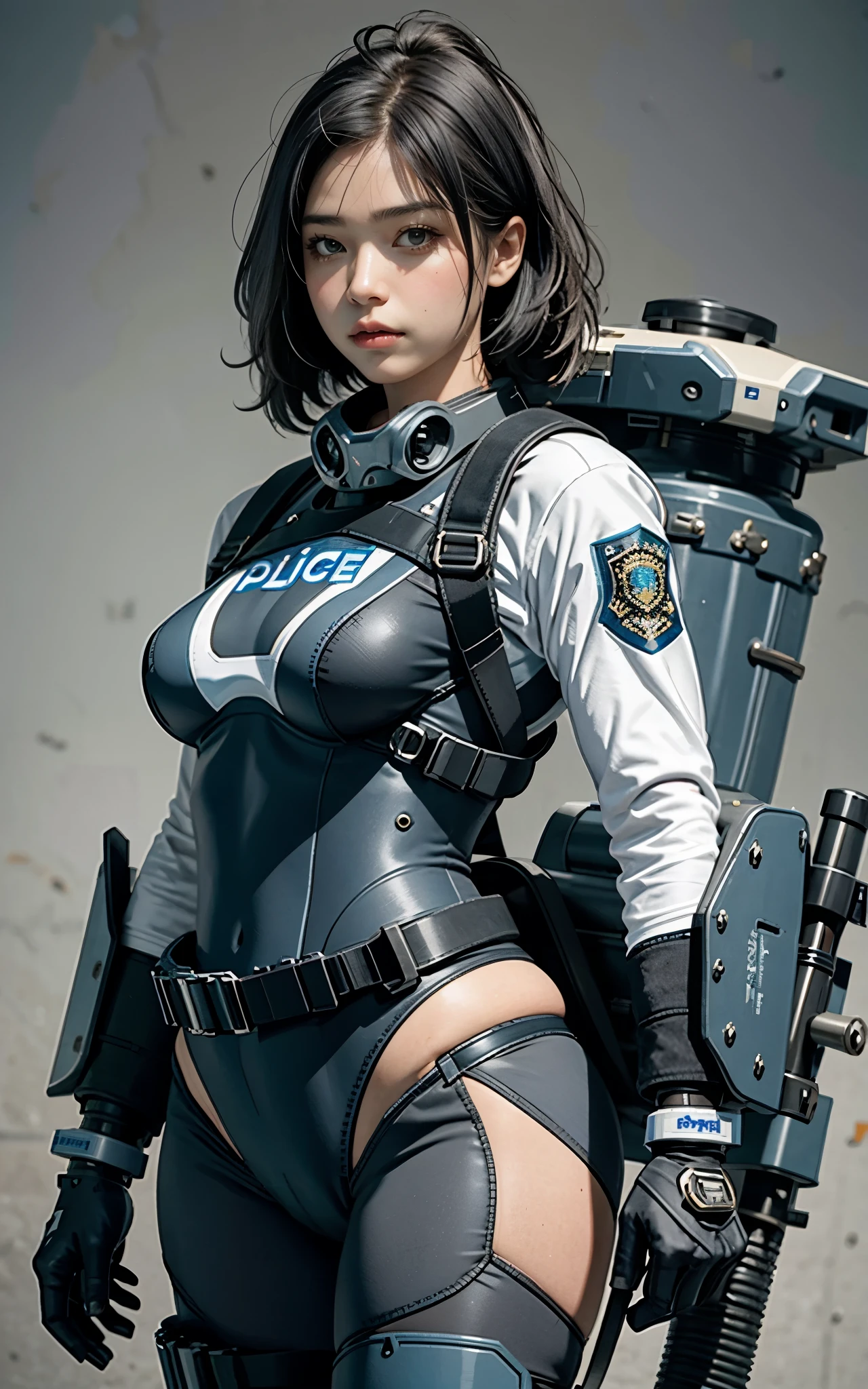 Highest image quality, outstanding details, ultra-high resolution, (realism: 1.4), ((close up:0.75)), highly condensed 1lady, with beautiful and a delicate face, perfect proportion, (chubby:0.3, small breasts), (cloths color base ratio black:0.4 white:0.5 other-color:0.1), (wearing rash-guard likes police uniform, black and gray mecha, wearing high-tech heavy gasmask, military harness, holding a machinegun, carrying hich-tech-backpack on back), ((attachment futuristic armors)), captain, background simple grey wall,