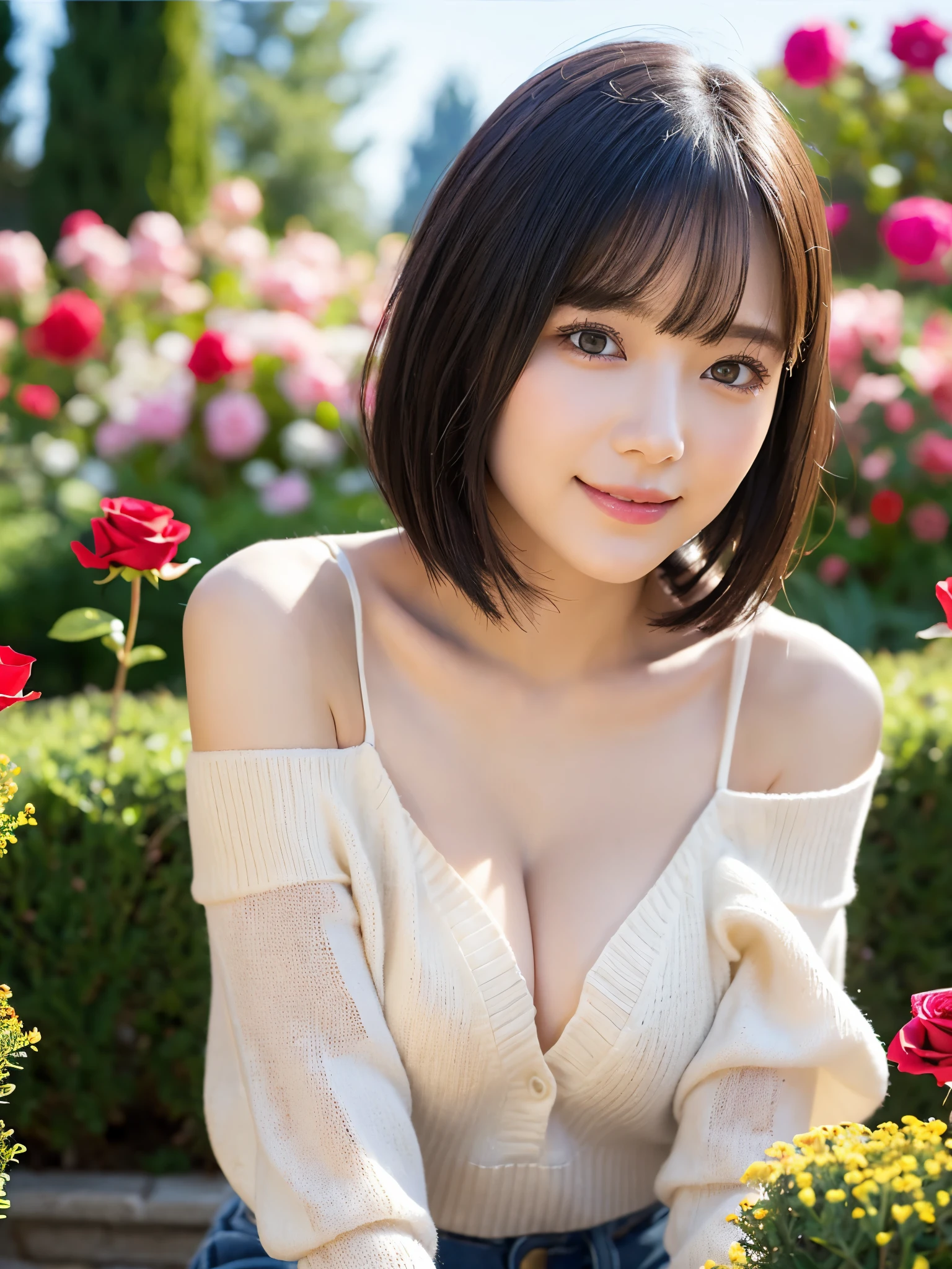 Medium Shot、((Upper Body))、(highest quality:1.5)、(Realistic:1.5)、(1 person:1.5)、(Very detailed)、(High resolution)、8k、((Wear a white off-the-shoulder sweater))、Slightly small breasts、Natural color lips、Cute Smile、20-year-old girl、(Beautiful and elaborate face)、(Perfect and beautiful face)、(Big eyes)、(Beautiful and elaborate face)、(Beautiful, balanced eyes)、Perfect and beautiful double eyelids、Perfect and beautiful face、Arched eyebrows、 Thin eyebrows、Feminine poses、Slim face、Slim figure、Beautiful and thin nose、 Beautiful Skin、(Medium Bob Hair)、Natural Bangs、Fair skin、Front lighting、(Lighting the face)、(Beautiful cleavage)、Deep blue eyes、Slim waistline、Sitting in a flowerbed in the garden、A garden filled with randomly colored roses、