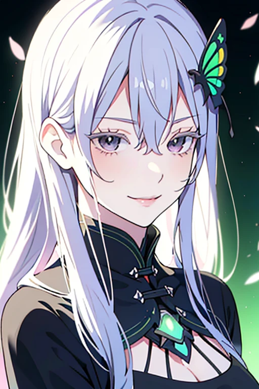 ((highest quality)),High resolution,Sharp focus,(Super detailed,Very detailed),
(Very detailed CG unity 8k wallpaper),(((Vibrant colors))),Anime Style,
Natural skin texture 鮮明な詳細, (Realistic eyes, Natural skin texture, Realistic facial details),
1 girl, Beautiful and elaborate face, Perfect Eyes,((Silver Hair)),Long Hair,Echidna, Deep purple eyes,
Butterfly Hair Ornament, (Colored eyelashes:1.1), eye shadow,
Red pink lips,The colors of another world, Surreal Landscape,
Arrogant look, 横暴なsmile,Big and ample breasts,
(Flying debris, 超High resolution),(((Black and Green Theme))),Wear an iridescent aura,
Invisible Light, Amazing shine, Neon green glow,
Bright colors, Ghostly Effects,Surreal Landscape,邪悪なsmile,
smile,The corners of the mouth turn up,